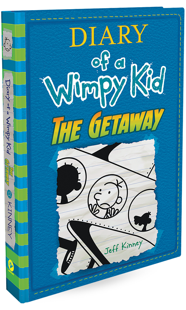 Diary of a Wimpy Kid book, blue cover with 'The Getaway' title and cartoon kid