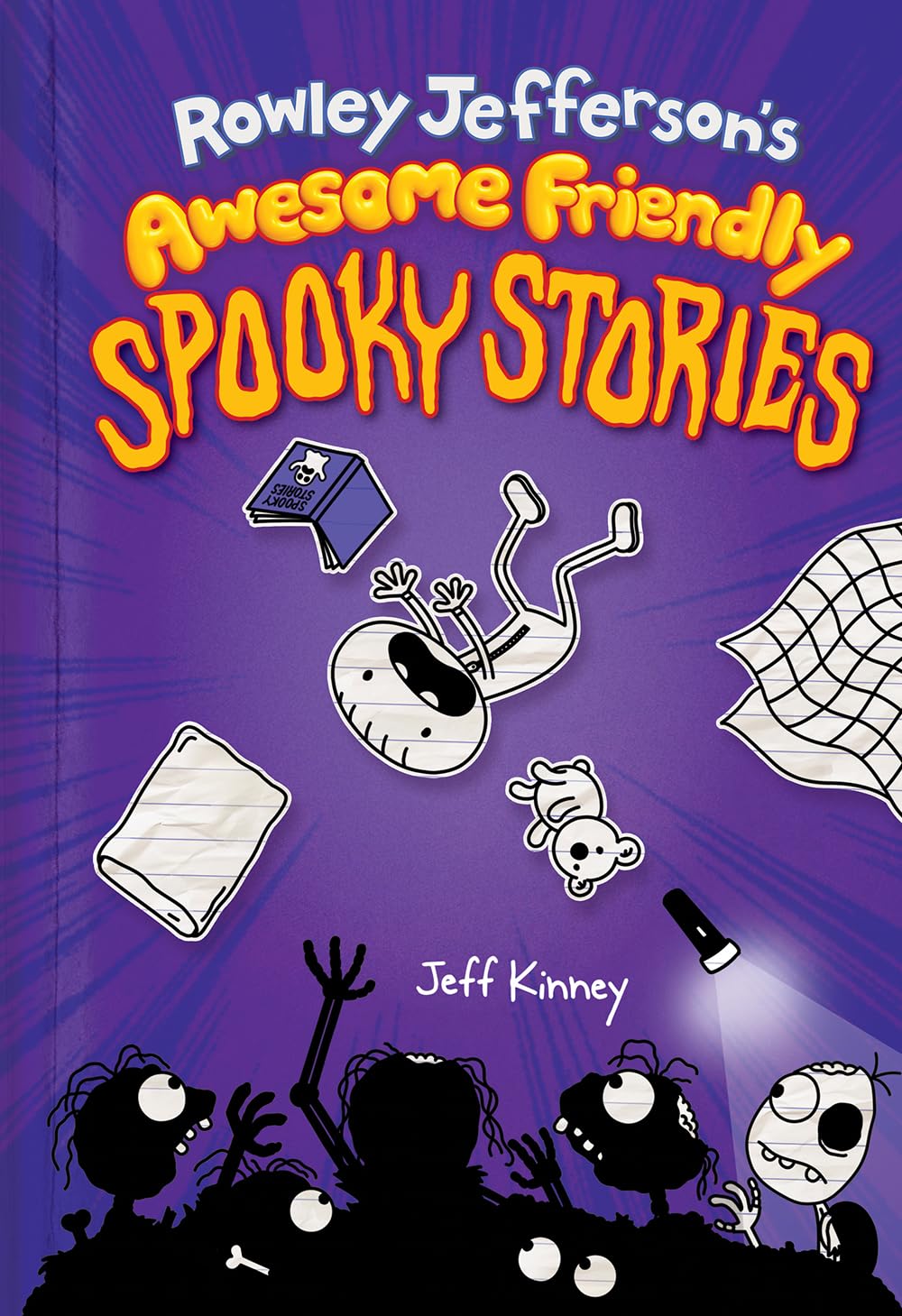 Spooky children's story book cover with cartoon ghosts, spiders, and bats