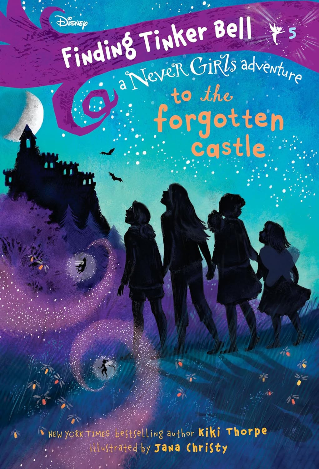 Finding Tinker Bell #5 children's fantasy book cover with castle silhouettes, purple-blue art.