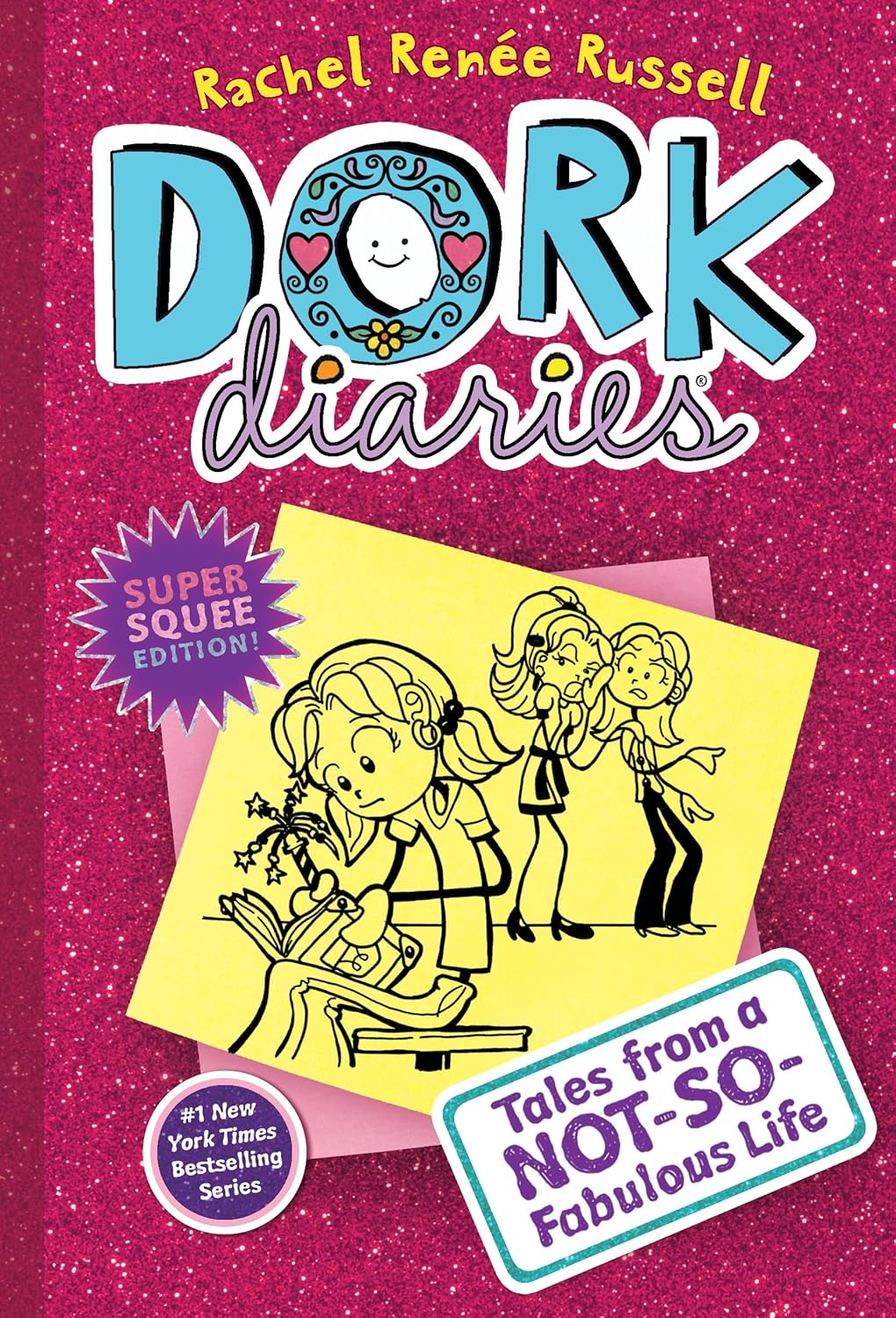 Dork Diaries book cover with cartoon girls and glittery pink background