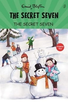 Children's mystery book: 'The Secret Seven' cover with snowman and children in winter