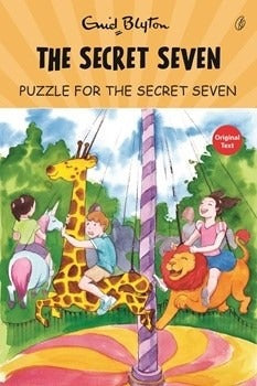 The Secret Seven puzzle book cover with giraffe and children, by Enid Blyton.