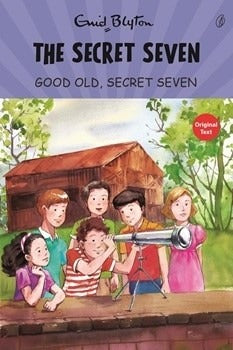 Book cover of The Secret Seven by Enid Blyton with kids using a telescope