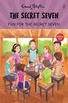 Secret Seven book cover with illustrated kids at a table, title and author text