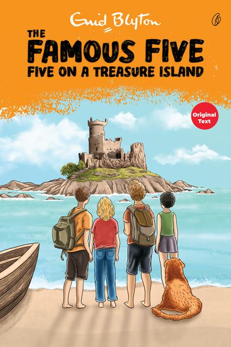 Children's adventure novel cover with five kids, dog, and treasure island castle scene