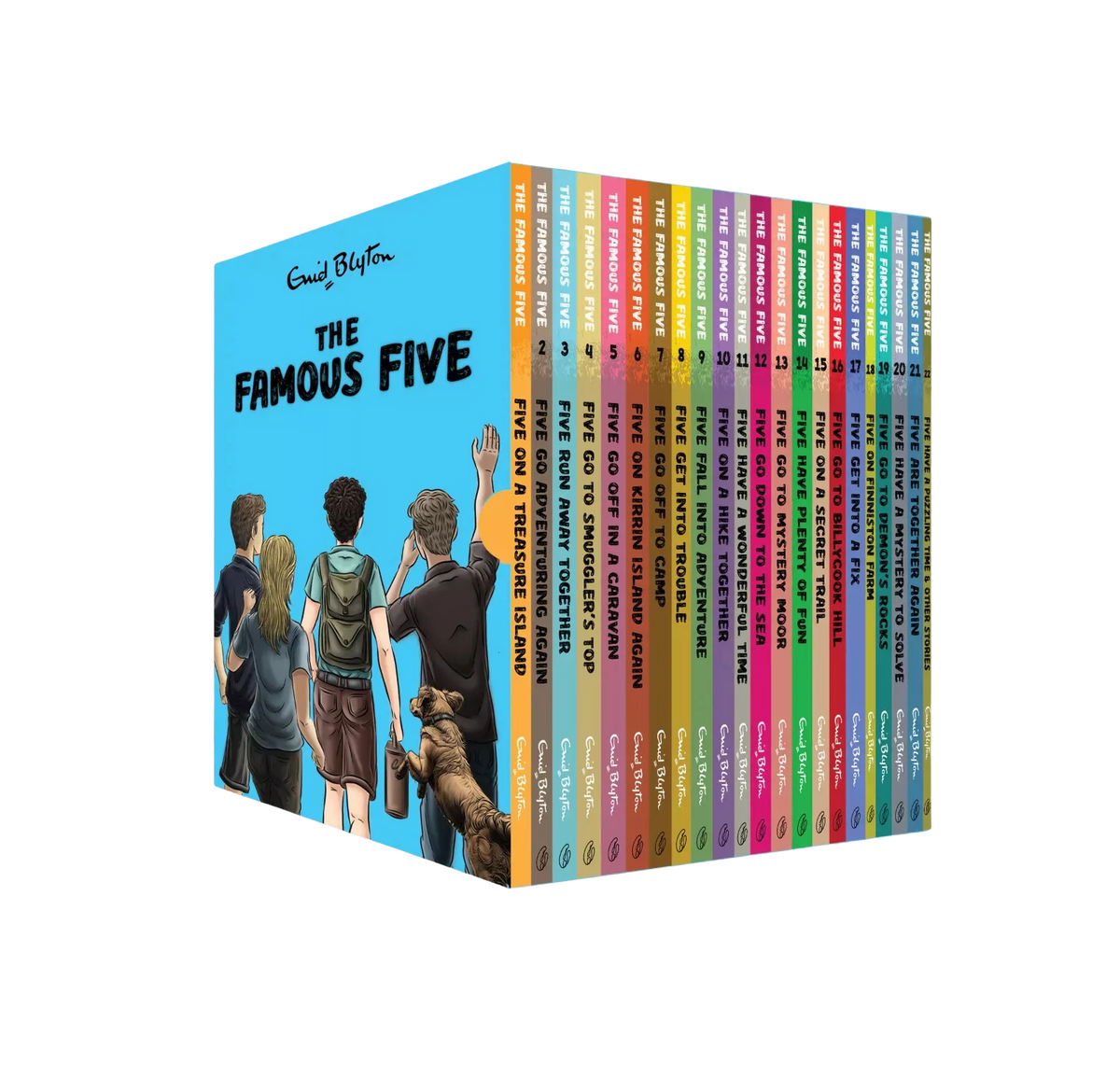 The Famous Five 22-book box set by Enid Blyton with colorful book spines.
