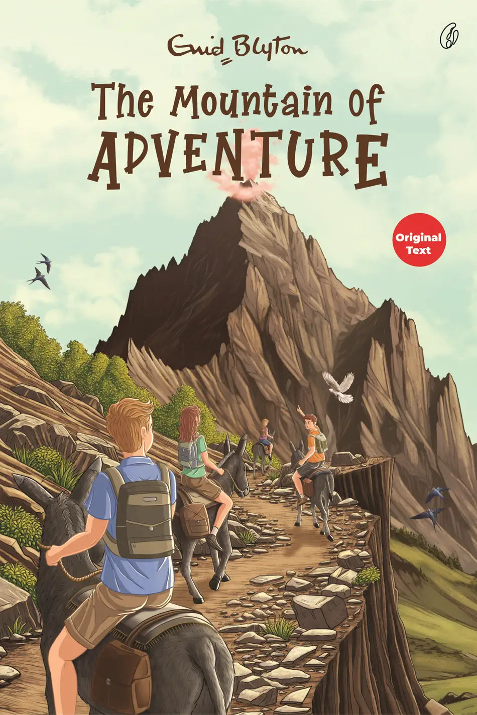 Adventure novel cover: hikers with backpacks trekking toward a mountain, Enid Blyton