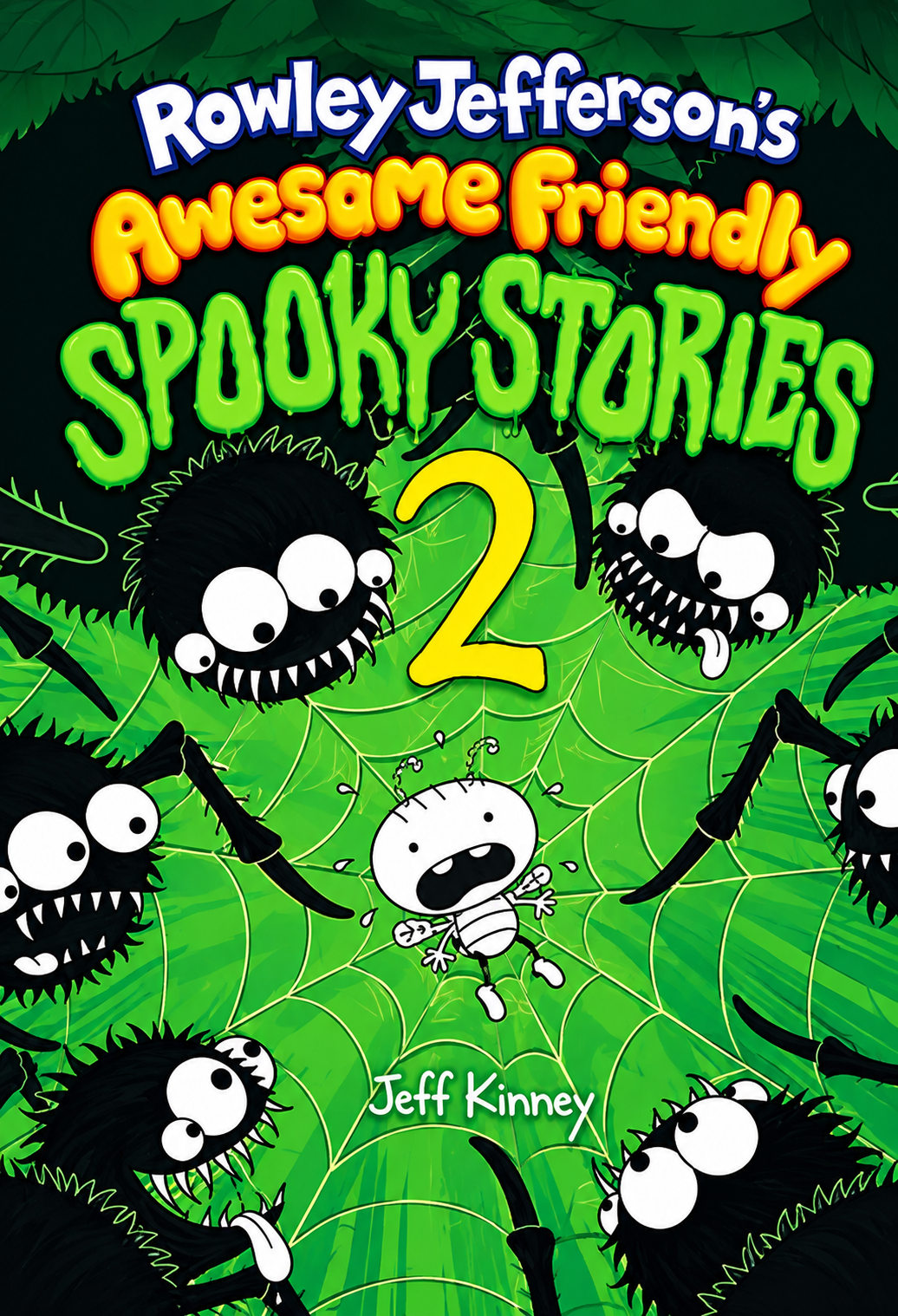 Spooky Stories 2 book cover with green web design and cartoon monster spiders