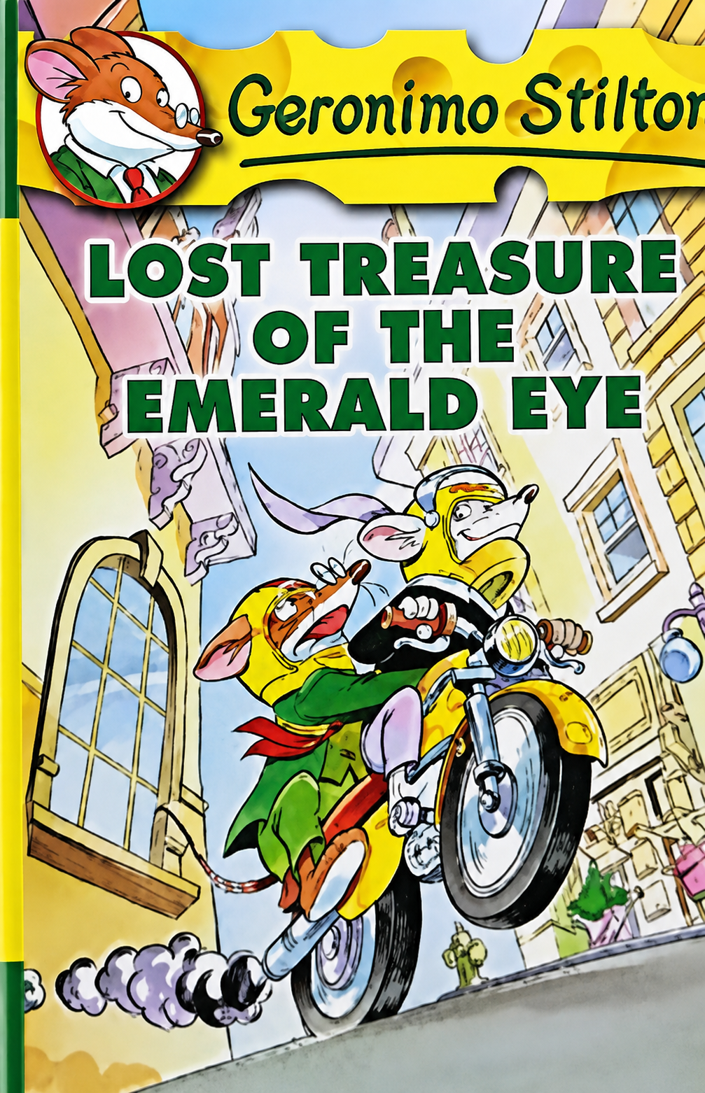 Children's adventure book cover with characters and a bicycle; Geronimo Stilton.