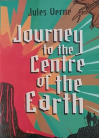 Journey to the Centre of the Earth book cover with teal and red title lettering