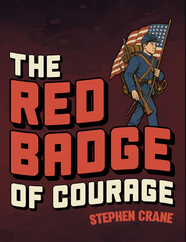The Red Badge of Courage book cover with soldier holding flag and bold red title