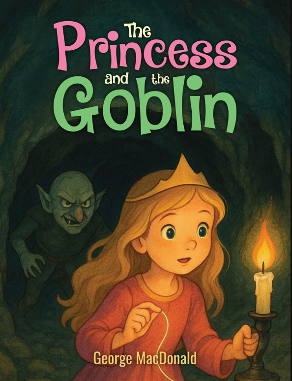 Illustrated children's storybook cover with princess, goblin, candle, and title lettering