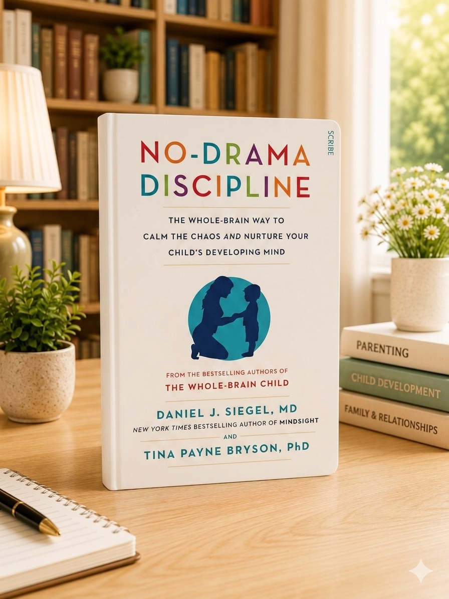 No-Drama Discipline hardcover parenting book with blue silhouette on cream cover