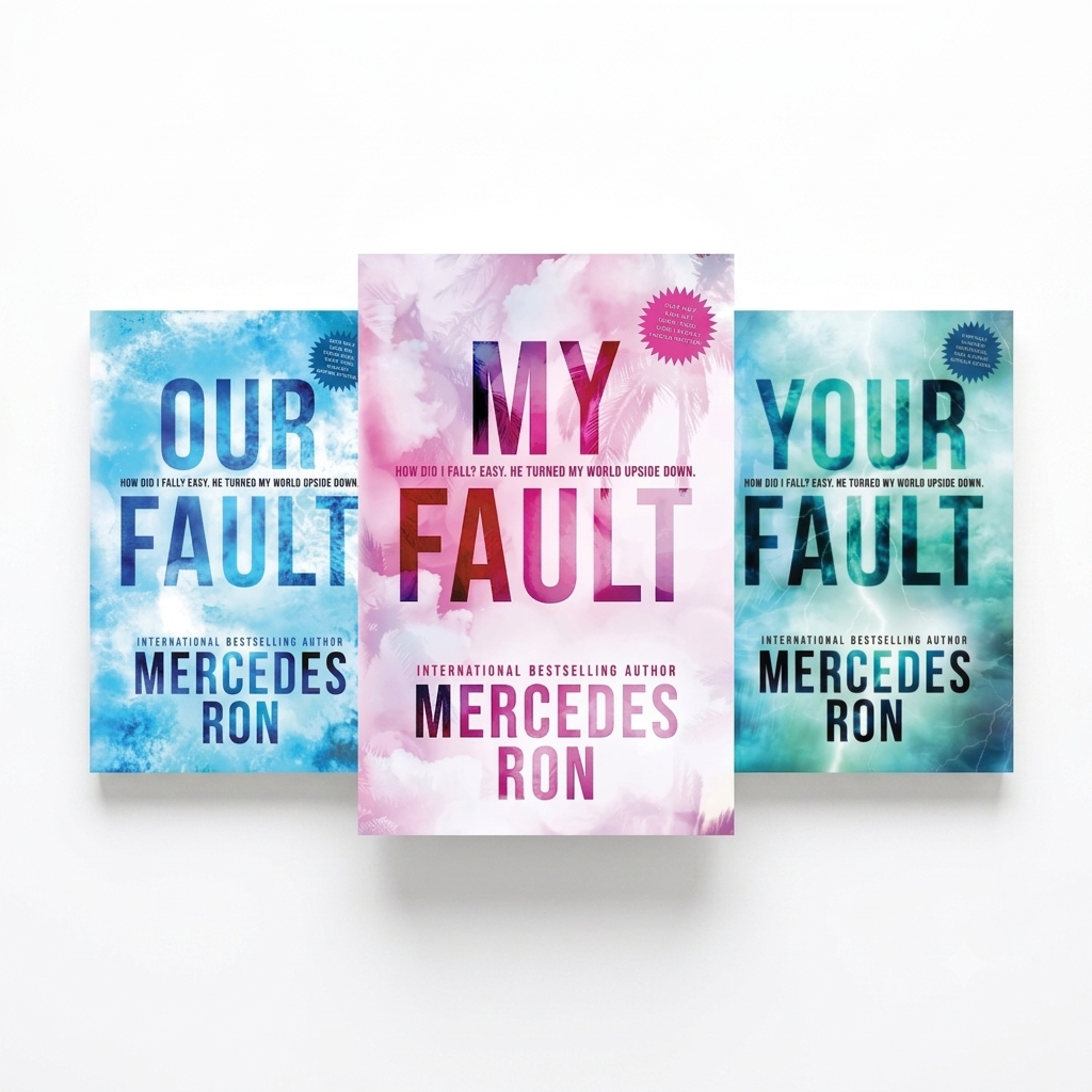 Three paperback book covers: OUR FAULT, MY FAULT, YOUR FAULT, Mercedes Ron