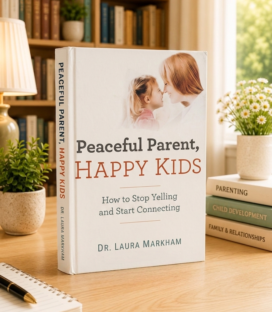 Parenting book with white cover, photo of parent and child, title and subtitle text