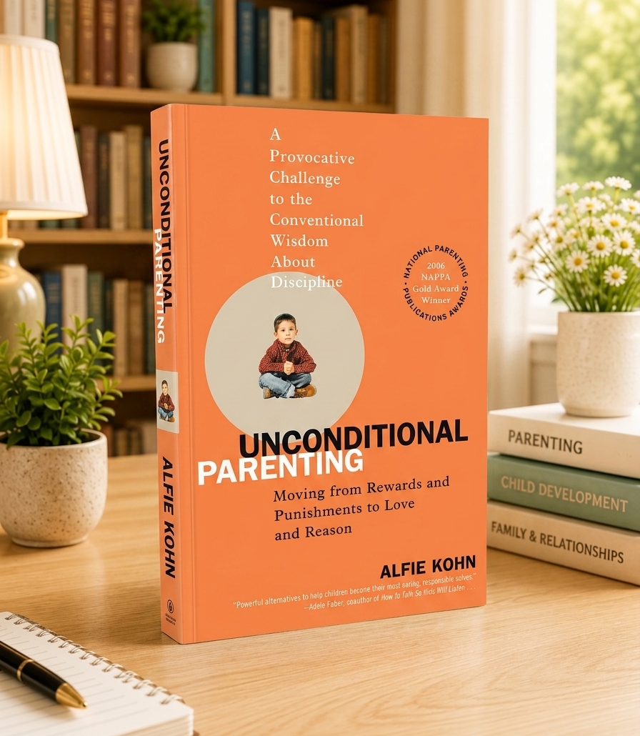 Orange parenting book cover titled 'Unconditional Parenting' by Alfie Kohn