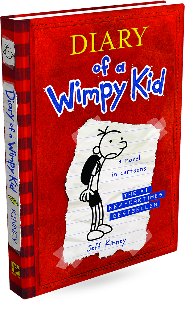 Diary of a Wimpy Kid #1 novel book, red cover with cartoon character; Jeff Kinney