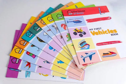 Stack of early education write-and-wipe books with alphabet and vehicles covers