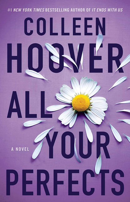 Purple novel book cover with daisy and floating feather accents