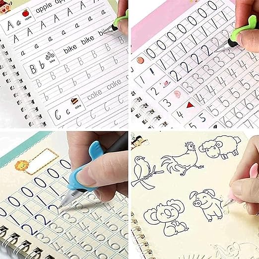 Colorful writing practice pages with letters, numbers, and guided tracing lines