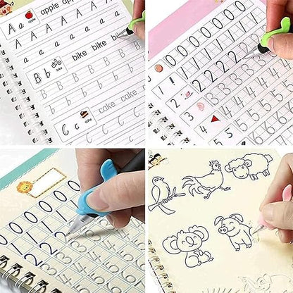 Colorful writing practice pages with letters, numbers, and guided tracing lines