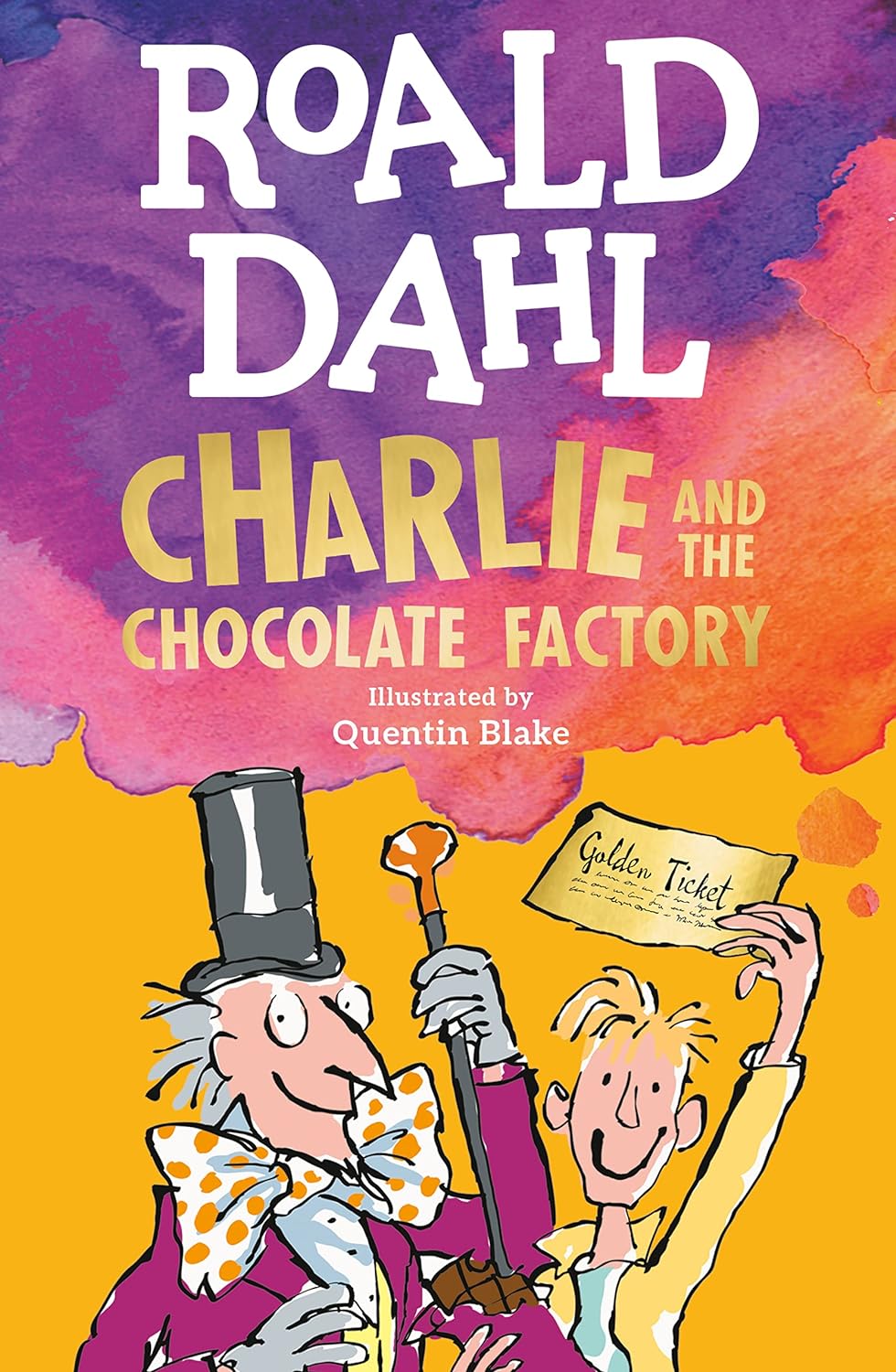 Illustrated Roald Dahl novel cover with Charlie and chocolate factory characters