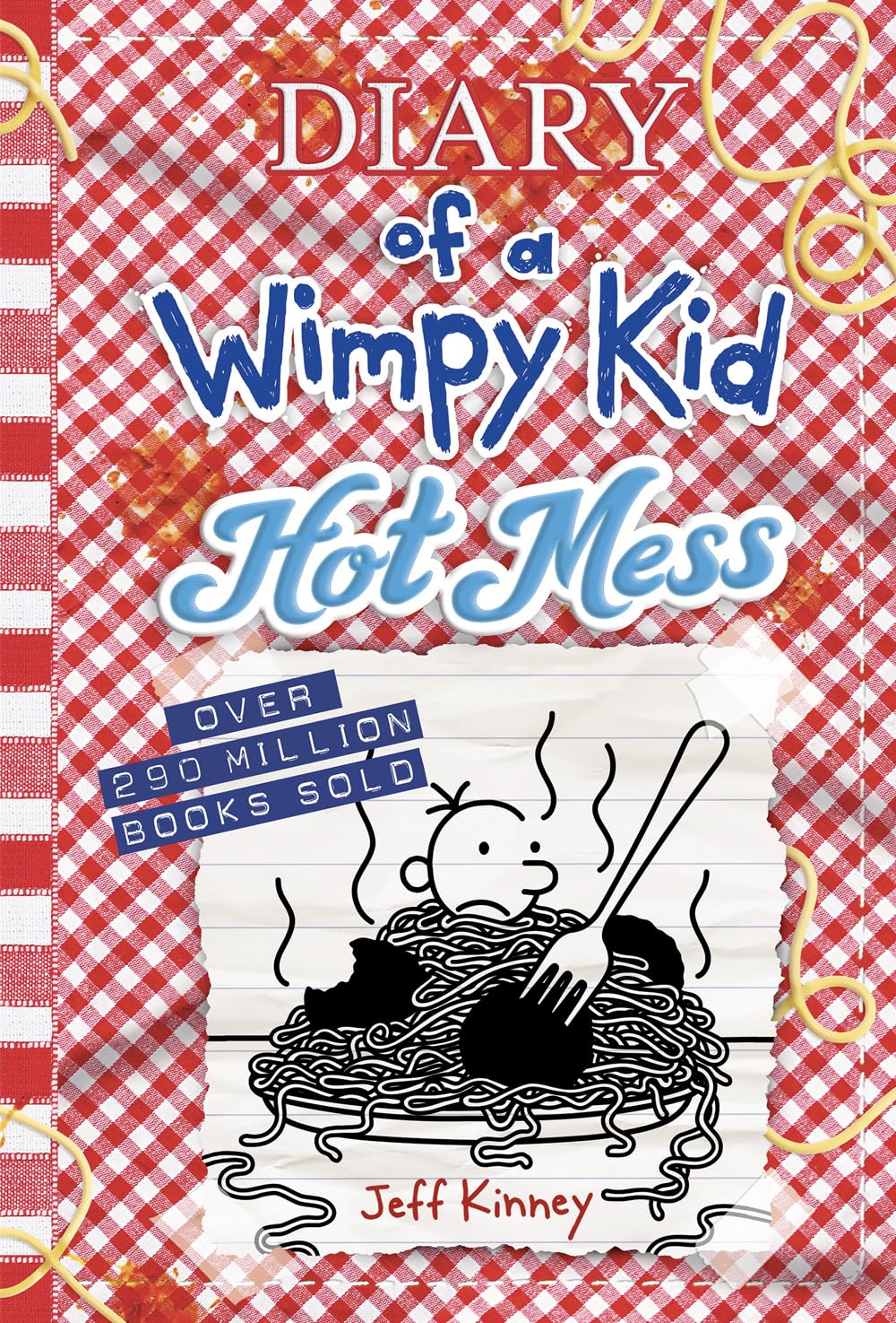 Diary of a Wimpy Kid: Hot Mess book cover with red check pattern and noodles illustration