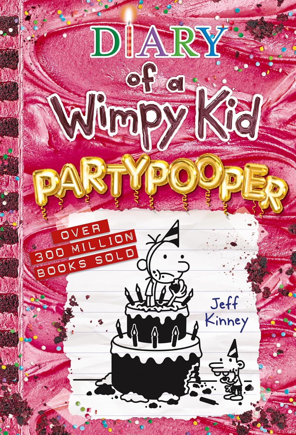 Diary of a Wimpy Kid Partypooper book cover, pink with birthday cake illustration and Jeff Kinney