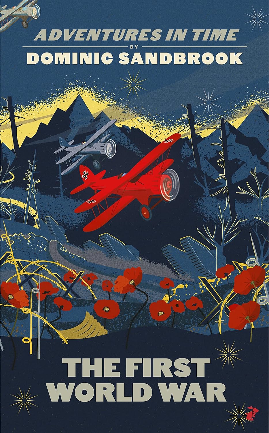 World War I illustrated history book cover with planes and poppies