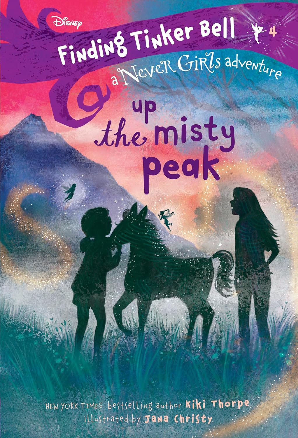 Fantasy novel book cover with purple-blue mountain scene and three girls silhouettes