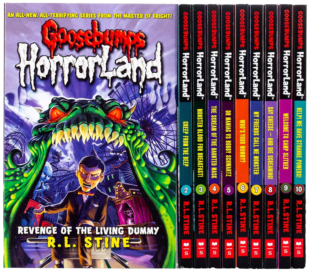 Goosebumps Horrorland book cover with green monster, boy artwork, and stacked spines