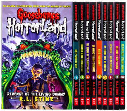 Goosebumps Horrorland book cover with green monster, boy artwork, and stacked spines