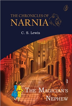 Hardcover fantasy book cover with lion, castle scene, and title 'The Magician's Nephew'.