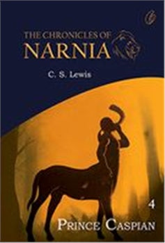 Prince Caspian book cover with lion silhouette, orange sky, and dark blue title text