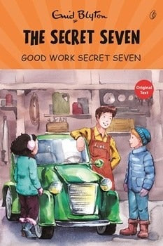 Children's mystery book cover: Secret Seven title with kids standing by a car