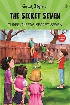 Children's mystery book cover with Secret Seven title and group of kids outdoors