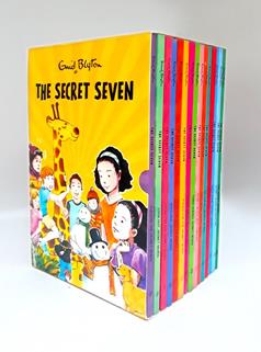 Children's book box set: yellow The Secret Seven box with cartoon figures and multicolor spine