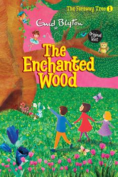 The Enchanted Wood book cover with forest, flowers, and three children; by Enid Blyton.