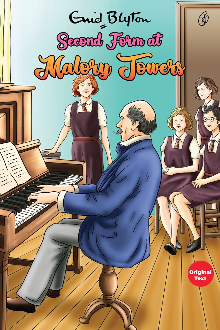 Book cover of Second Form at Malory Towers, illustrated with students and a pianist