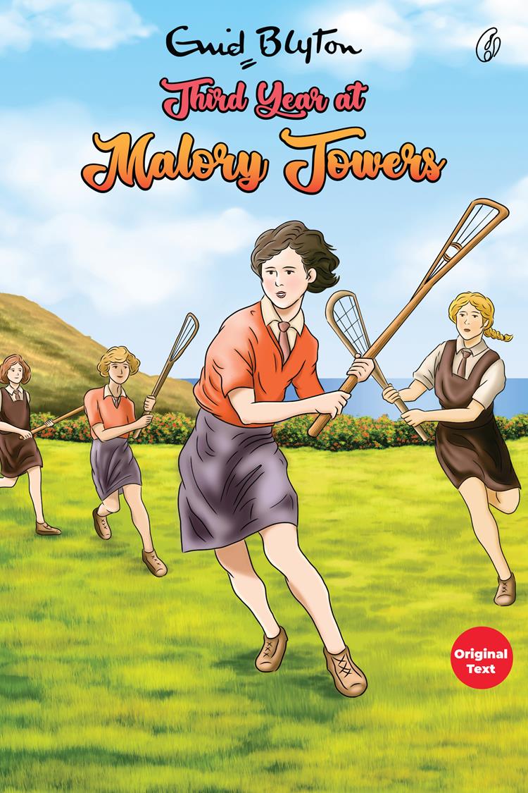 Children's novel book cover: students with cricket bats, Enid Blyton