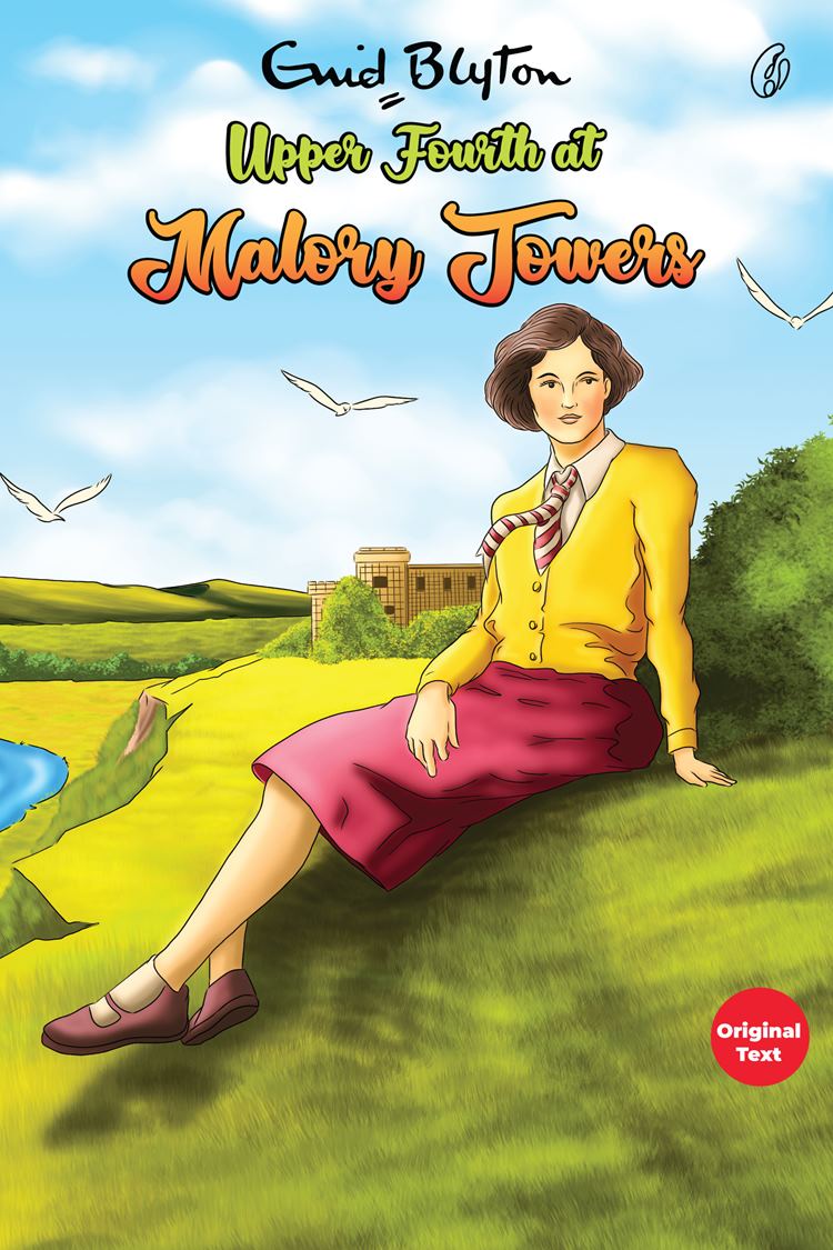 Book cover for Upper Fourth at Malory Towers, featuring a girl in yellow top and red skirt