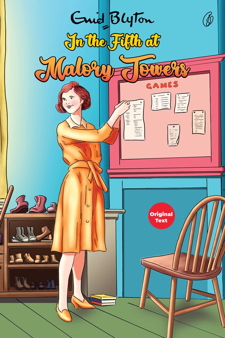 Children's school adventure book cover with girl in yellow dress by bulletin board