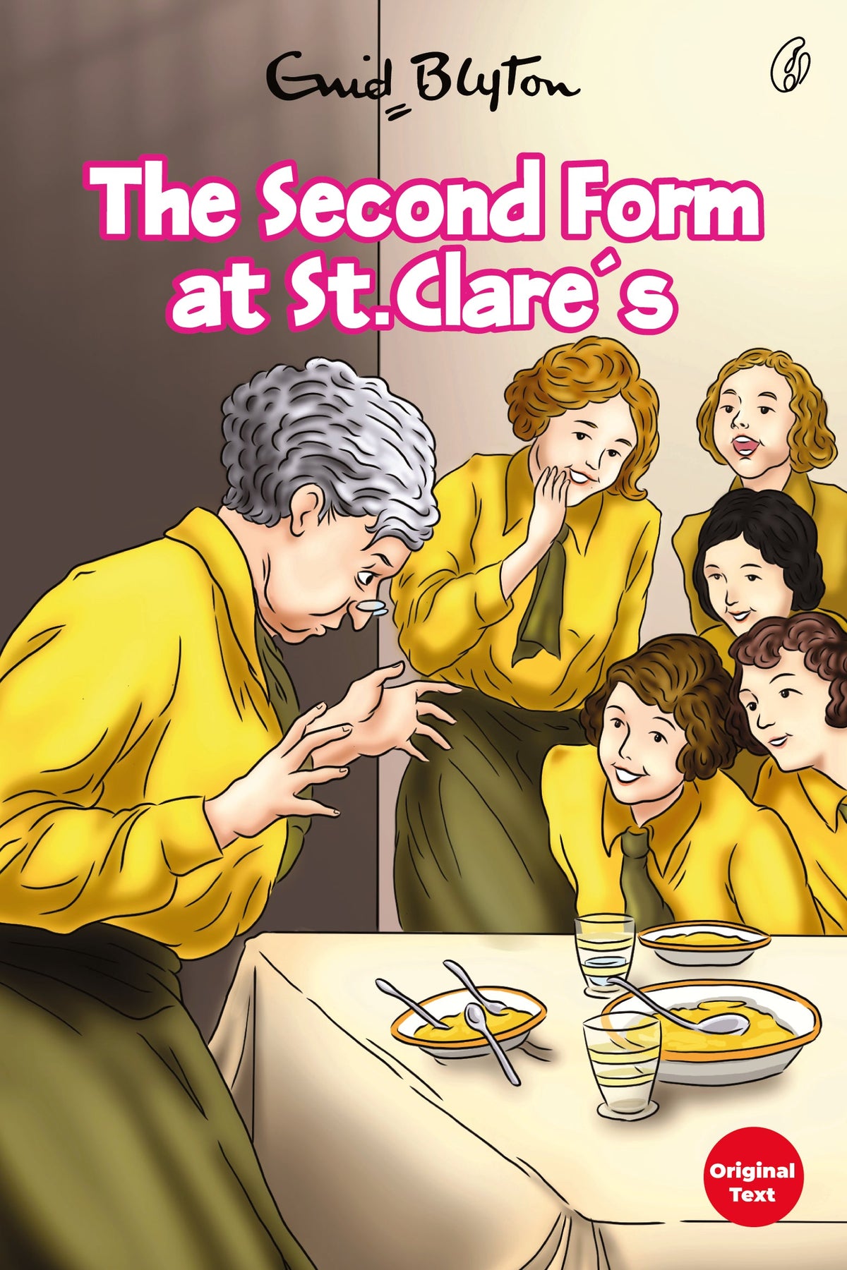 The Second Form at St. Clare's book cover by Enid Blyton, illustrated students at table.