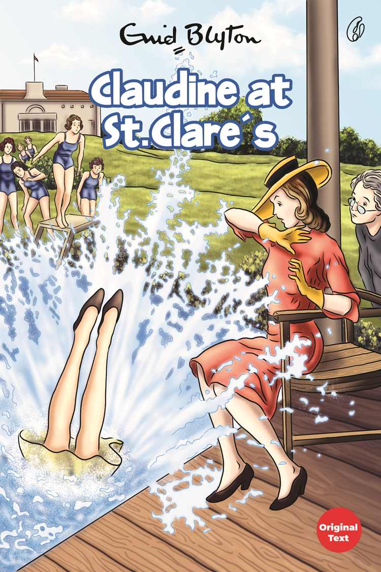 Children's novel book cover with Claudine running in splash, Enid Blyton
