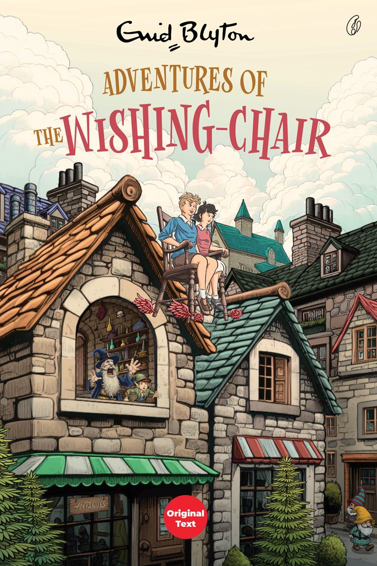Children's adventure book cover with wishing chair scene and Enid Blyton title