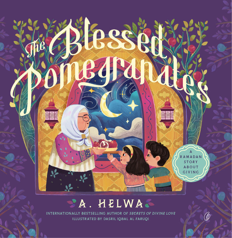Illustrated Ramadan storybook cover with glowing lanterns, night sky, and family figures.