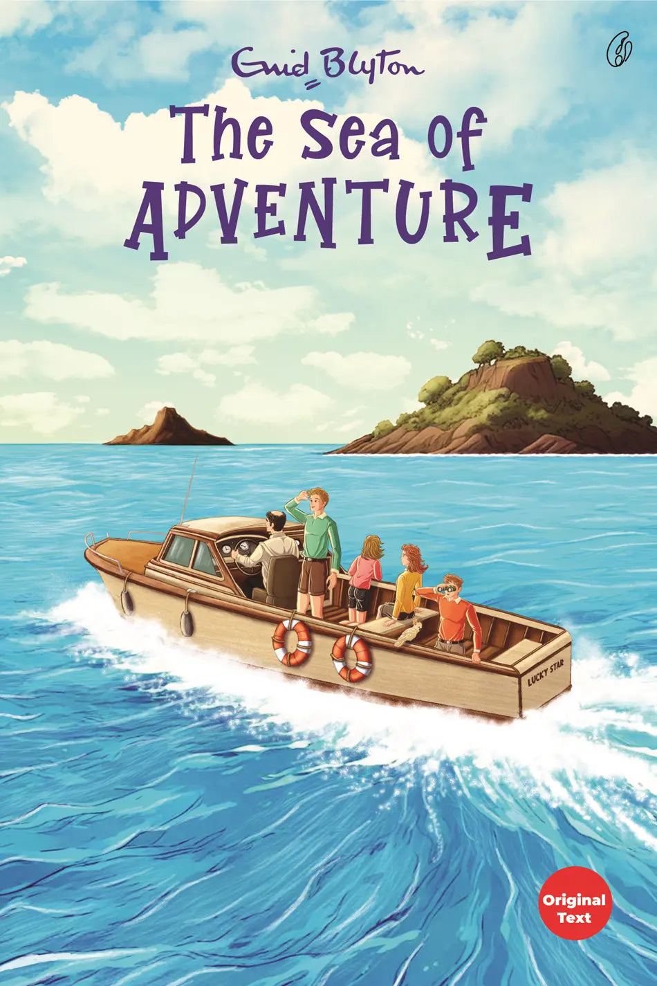 The Sea of Adventure book cover with wooden boat and people on sea, Enid Blyton