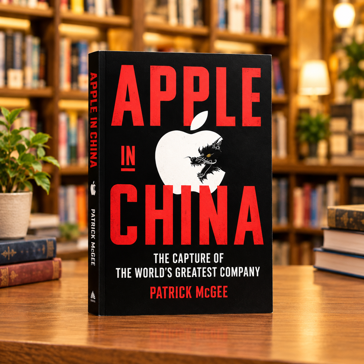 Book cover: Apple in China, Patrick McGee, red and black typography