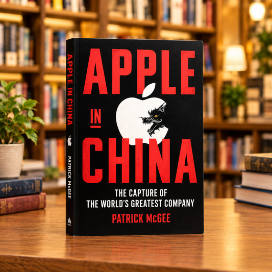 Book cover: Apple in China, Patrick McGee, red and black typography