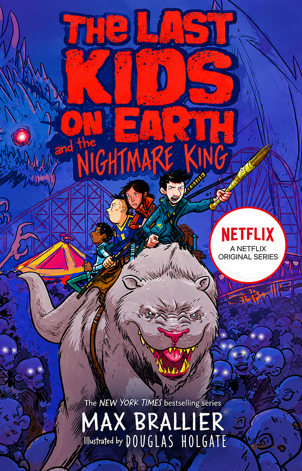 Kid adventure book cover featuring Nightmare King: kids on a beast, Netflix original badge